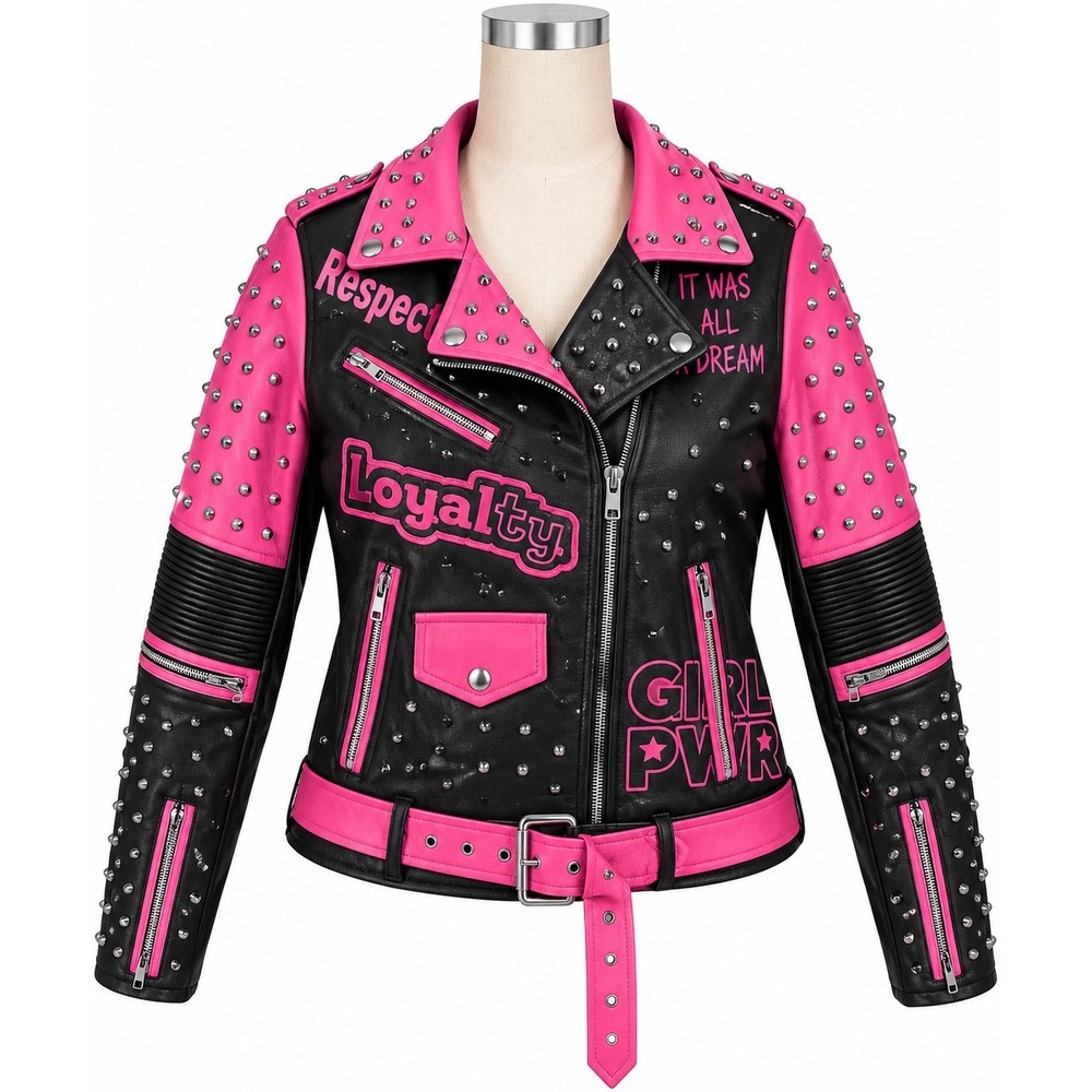 Red Fox Womens Studded Jacket Black Pink grunge biker maximalist whimsygoth